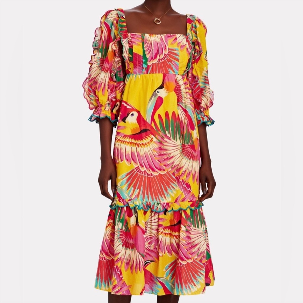 FARM Rio Colorful Toucans Scalloped Midi Dress